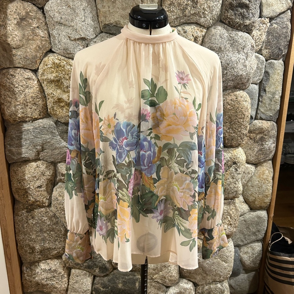 Floral Chiffon Blouse - Cream with Multicolor Floral Design